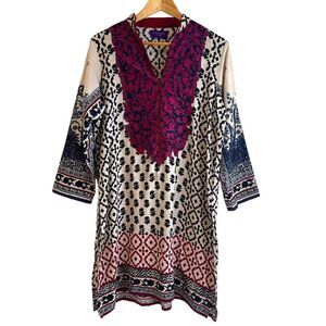Sana Safinaz Embroidered Cream, Blue and Fuchsia Long Sleeve Kurta Tunic Top XL